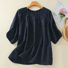 ヴィンテージ風 麻製ドット柄 半袖プルオーバーシャツ【夏用・ルーズフィット・ラウンドネック】