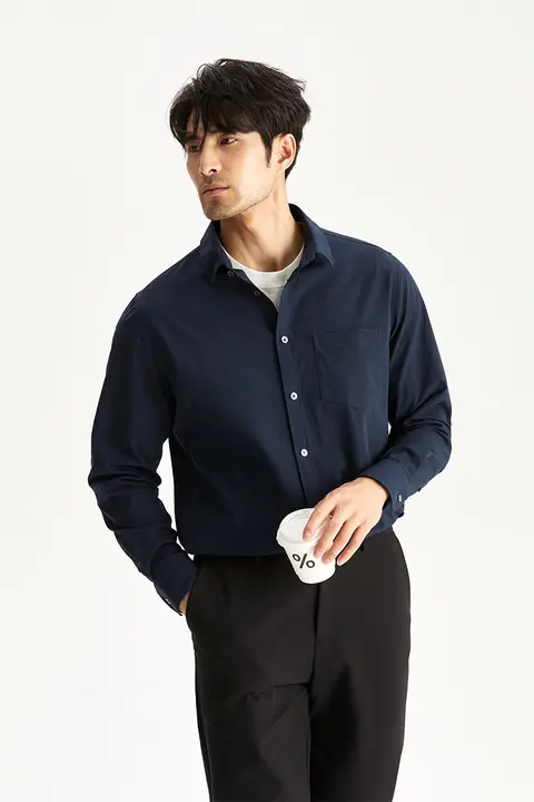 JSSD HOMME メンズ 春用 長袖ブラックシャツ【ビジネスカジュアル・ポロカラー】