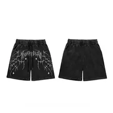 ハーフパンツ ユニセックス 棘モチーフ スタープリント ウォッシュ加工 ストリート サブカル ヴィンテージ 個性的 夏