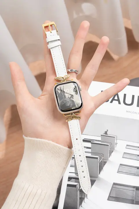 おしゃれな金属製スマートウォッチバンド【真皮風・スポーツタイプ・女性用】