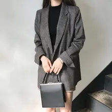 レトロチェック柄のダブルボタン長袖ジャケット【女性用・2ポケット・ルーズフィット】
