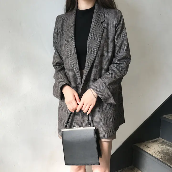 レトロチェック柄のダブルボタン長袖ジャケット【女性用・2ポケット・ルーズフィット】