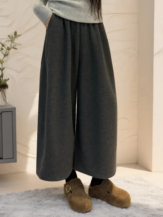 秋冬用 グレーのウールパンツ【フィット・ワイドレッグ・カジュアル】