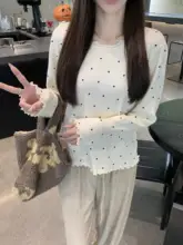 ドット柄ウールニットトップス【フリルデザイン・Uネック・秋冬用・フィット】（セットアップ対応）