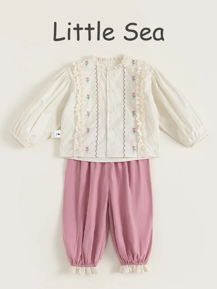 春季フレンチスタイルの子供用花柄刺繍シャツ＆パンツ（セットアップ対応）：20度服装の子供向け通気性と保温性のバランスを実証