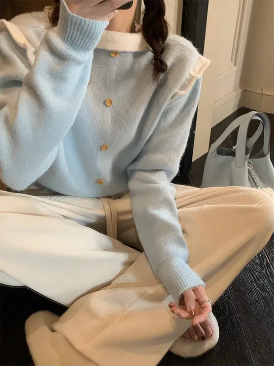 FF BLUE やわらかブルー＆ホワイト毛糸ニットトップス【レディース・長袖・柔らかな着心地】