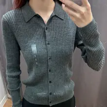 ポロ襟リブ編みニットカーディガン【長袖・無地・女性用】