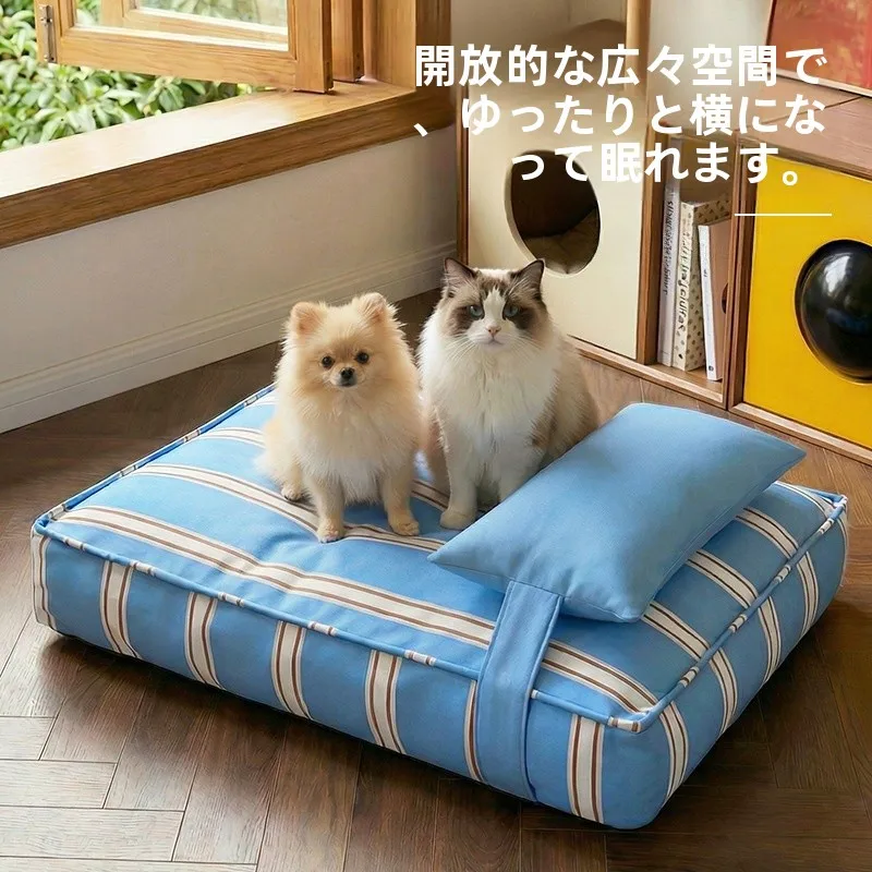 ストライプ柄の犬用ベッド：大型犬向けの通年使用型マットレス