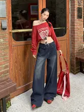 アメリカンヴィンテージ風 ブルー 加绒ストレートデニムパンツ【ハイウエスト・ゆったりフィット・秋冬用】