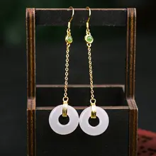 S925銀製18K金メッキイヤリング【天然和田白玉・平安扣デザイン・長くてアレルギー対応】