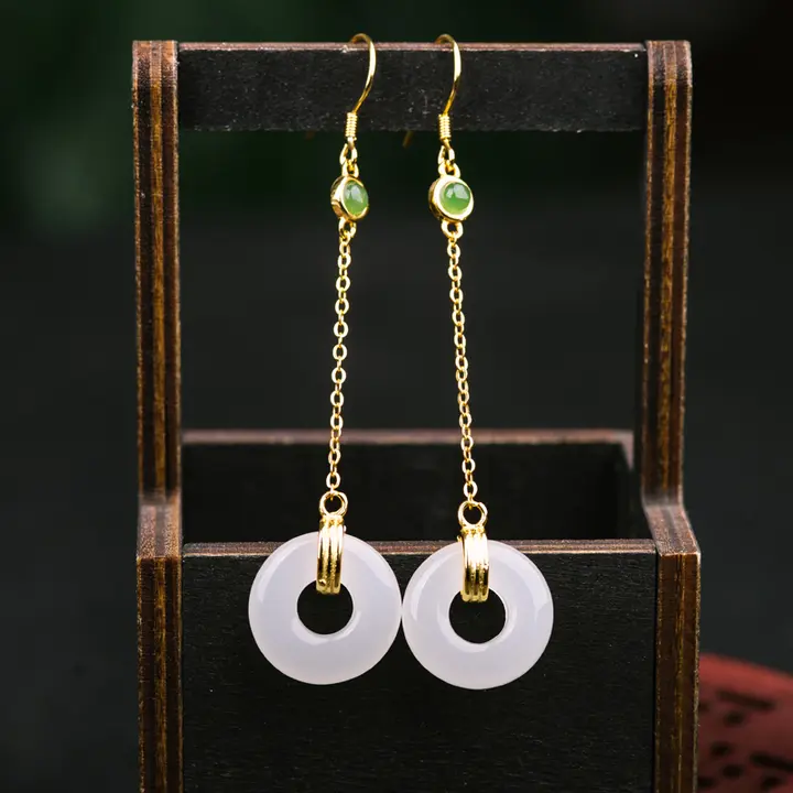 S925銀製18K金メッキイヤリング【天然和田白玉・平安扣デザイン・長くてアレルギー対応】