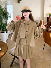 カキリ風 タイ付きトレンチコートとプリーツスカート【春秋用・韓国風・学院スタイル】（セットアップ対応）