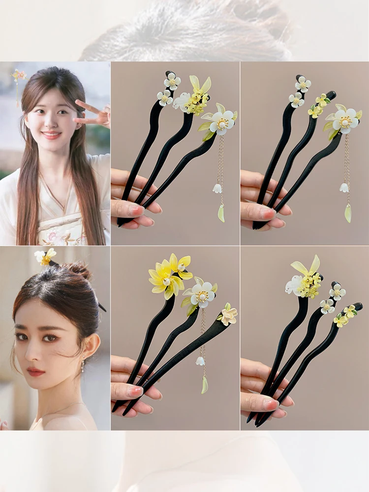 古風な木製ヘアピン：日韓スタイルのまとめ髪に最適な高級感デザイン