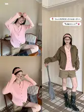 ポロカラーのピンクニットトップス【春秋用・女性用・おしゃれデザイン】（セットアップ対応）