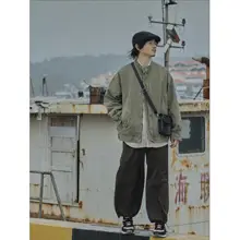 ヴィンテージ風 ウォッシュドコットン立襟ジャケット【春秋用・ルーズフィット】