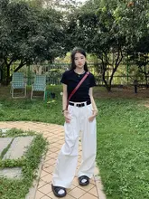 春に最適！高腰ゆったりシルエットの白色ヴィンテージ風カジュアルパンツ【流れるようなデザイン】