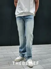 夏用 薄手レトロウォッシュ加工ストレートデニムパンツ【クリアブルー・フィット・メンズ】