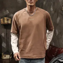 フェイクレイヤード 長袖Tシャツ スウェット メンズ パッチワーク クルーネック ゆったり インナー ストリート 春 秋
