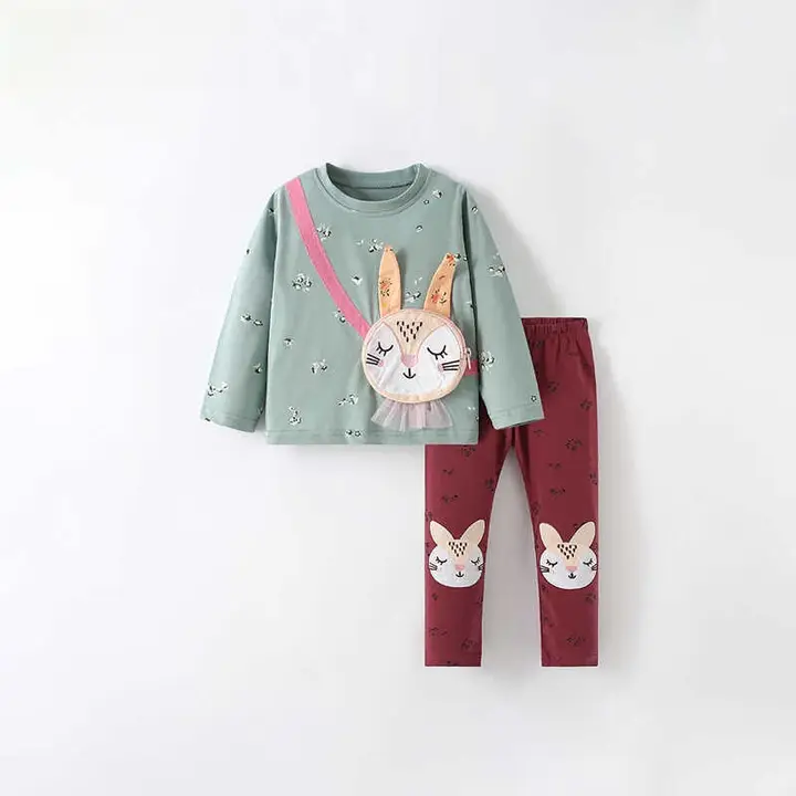 女の子用秋冬ファッションTシャツ＆パンツ【ラウンドネック・長袖・綿100%・おしゃれ】（セットアップ対応）