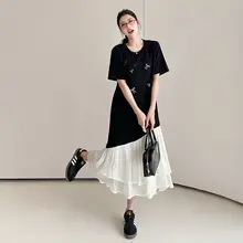 不規則パッチワークのショートスリーブTシャツワンピース【大きいサイズ・夏用・ゆったり・スリム効果】（セットアップ対応）