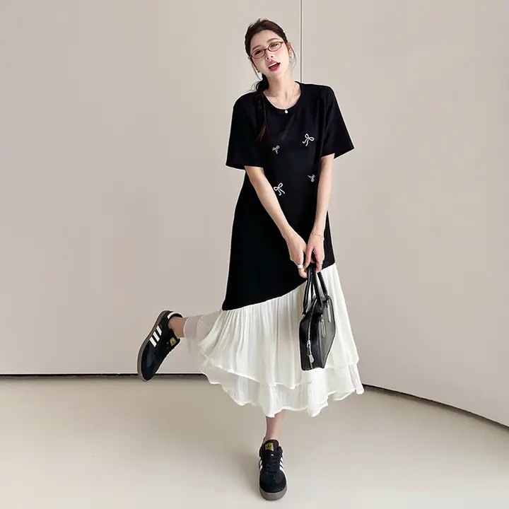 不規則パッチワークのショートスリーブTシャツワンピース【大きいサイズ・夏用・ゆったり・スリム効果】（セットアップ対応）