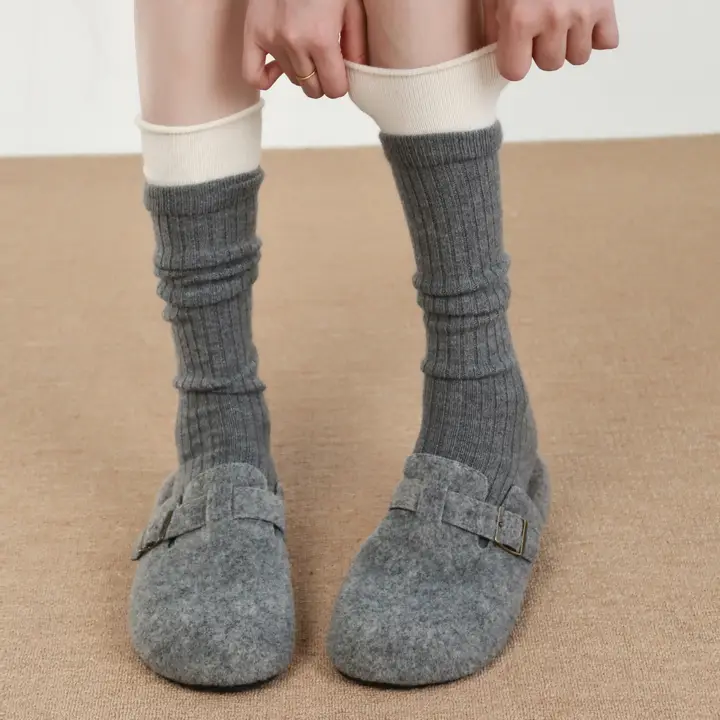 秋冬向け 厚手のストライプソックス【柔らかいバレエ風・コントラストカラー・カシミヤ使用】