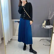 春用 ウエストゴム 高腰プリーツスカート【ピーコックブルー・Aライン・レトロデザイン】