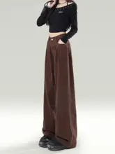 深いコーヒーカラーのハイウエストワイドレッグデニムパンツ【秋冬用・ストレート・フィット・丈長】