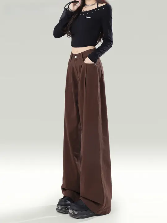 深いコーヒーカラーのハイウエストワイドレッグデニムパンツ【秋冬用・ストレート・フィット・丈長】