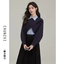セットアップ レディース プレッピー風 重ね着 ニット シャツ スカート おしゃれ 秋冬