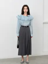 フレンチスタイルのグレー プリーツスカート【高腰・Aライン・ウエストベルト付き】