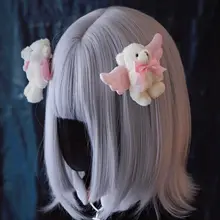 ヘアクリップ サイドクリップ ハンドメイド ウィングベア モコモコ ホワイト ピンク