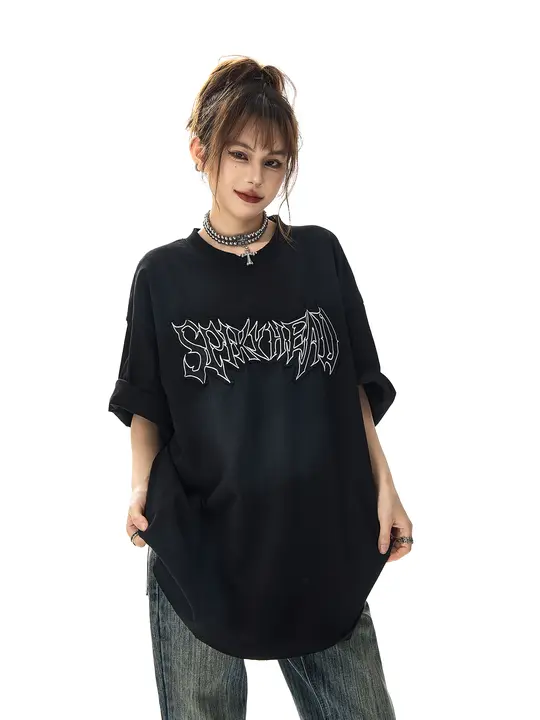 Damon Island オーバーサイズ刺繍入りTシャツ【ユニセックス・半袖・ウォッシュ加工】