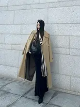 PAPERLLL レディース テーラーカラー トレンチコート【秋用・中長丈・カーキ色】
