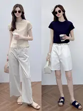 杏色の短袖ラウンドネックTシャツ【一体裁断・カジュアル・上品なデザイン】