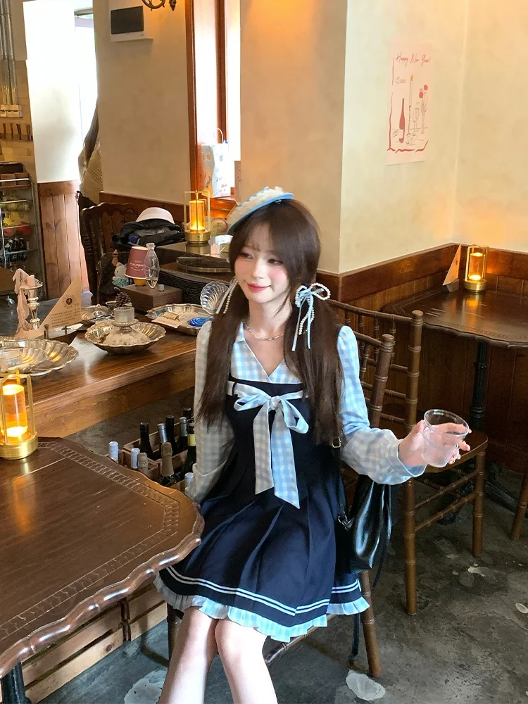 学院風ドッキングドレス：かわいい制服スタイルの春用セットアップ対応デザイン