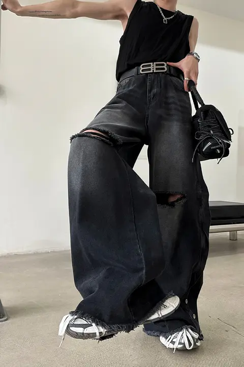 カジュアルスタイルのアメリカンワイドレッグデニムパンツ【ヴィンテージ風・オーバーサイズ・ distressedデザイン】