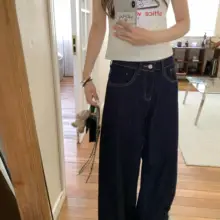 アメリカンレトロデザインのワイドレッグパンツ【デニム・夏用・ハイウエスト・ゆったりフィット】（セットアップ対応）