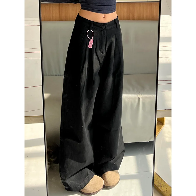 高身長向けの黒色プリーツワイドデニムパン  ツ【ハイウエスト・ゆったりシルエット・裾が引きずるデザイン】（セットアップ対応）