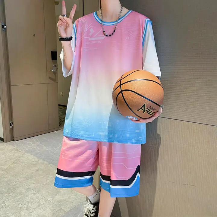 グラデーションカラー アイスシルク半袖Tシャツ＆ショートパンツ【夏用・カジュアル・バスケットボール】（セットアップ対応）