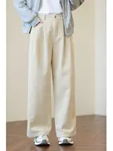 高ウエストのゆったりしたコットンコーデュロイのカキ色ストレートワイドパンツ【女性用・米白色・カジュアル】（セットアップ対応）