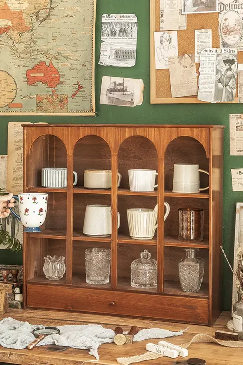 化粧品整理用木製レトロ収納ボックス【デスク上・引き出し付き】