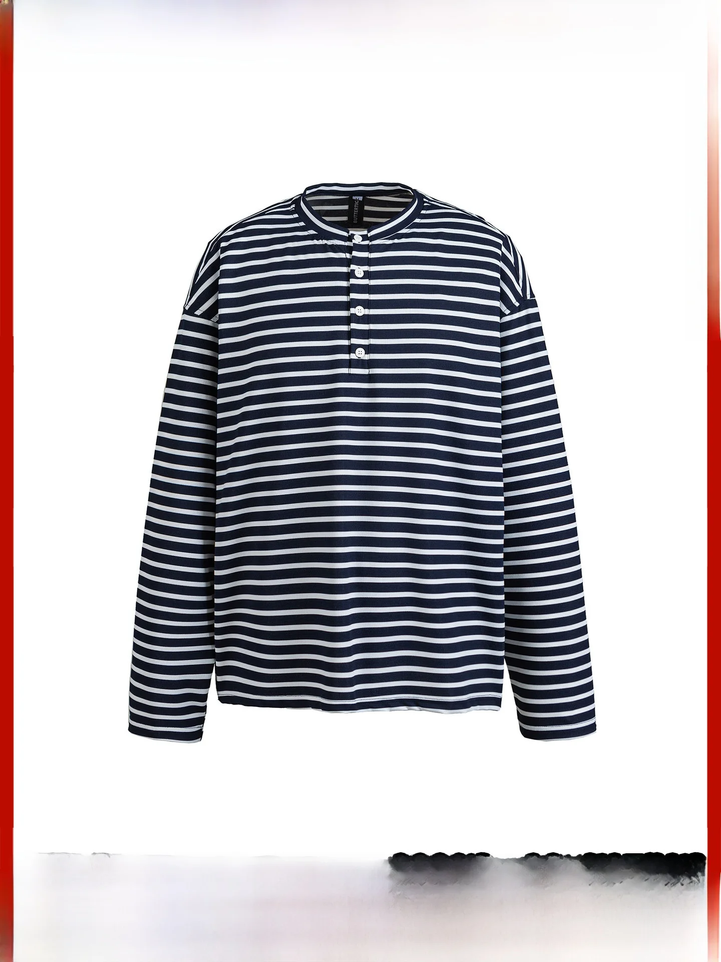 ストライプ柄 ヘンリーネック長袖Tシャツ【メンズ・春用・ルーズフィット・カジュアル】（セットアップ対応）