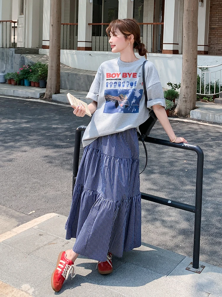 6月・8月・9月に着るおすすめのカジュアルセットアップ：千姿倩の夏用格子Tシャツとスカート