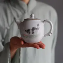 手描き猫デザインの汝窯茶壺【景徳鎮製・レトロ中華・一人用】