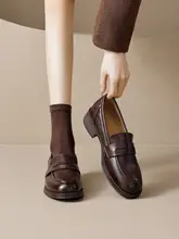 春季新作 ツイード風 レトロなデザインのブラウンローファーシューズ【女性用・太ヒール】