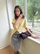 桑蚕絲使用のレトロチェック柄ストレートスカート【シアー素材・レイヤードデザイン】