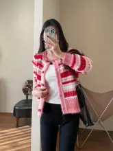 優美なグラデーションピンクストライプニットカーディガン【短袖・レディース・春用】