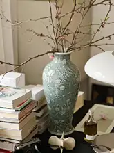 若奈 グリザイユ手描き彩色花瓶【青緑色・連理枝デザイン・インテリア装飾用】