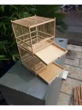 竹製二重構造の鳥かご【縦連結・刺繍入りデザイン・赤子貝付き】